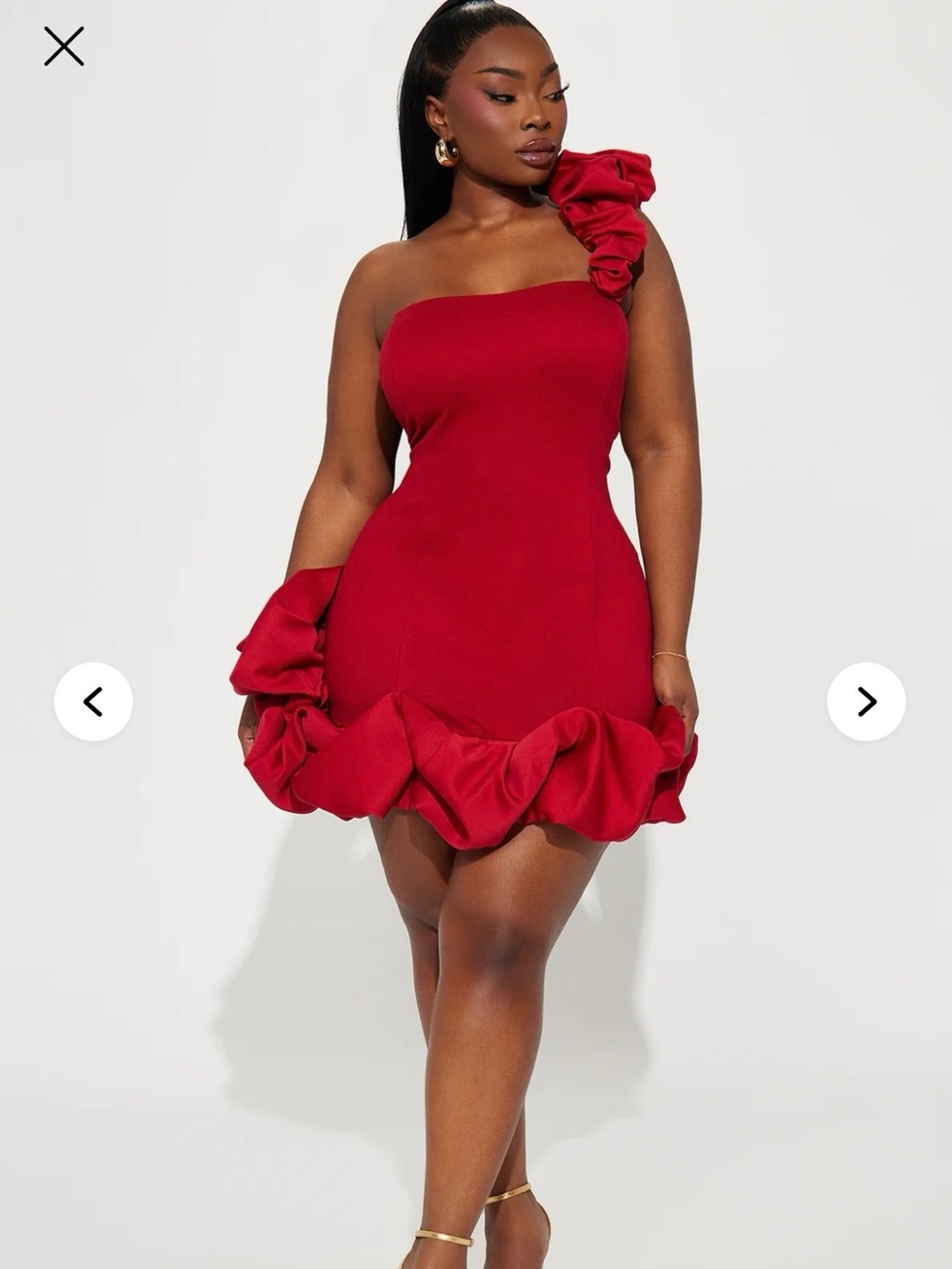 One-Shoulder Ruffle Hem Mini Dress in Red